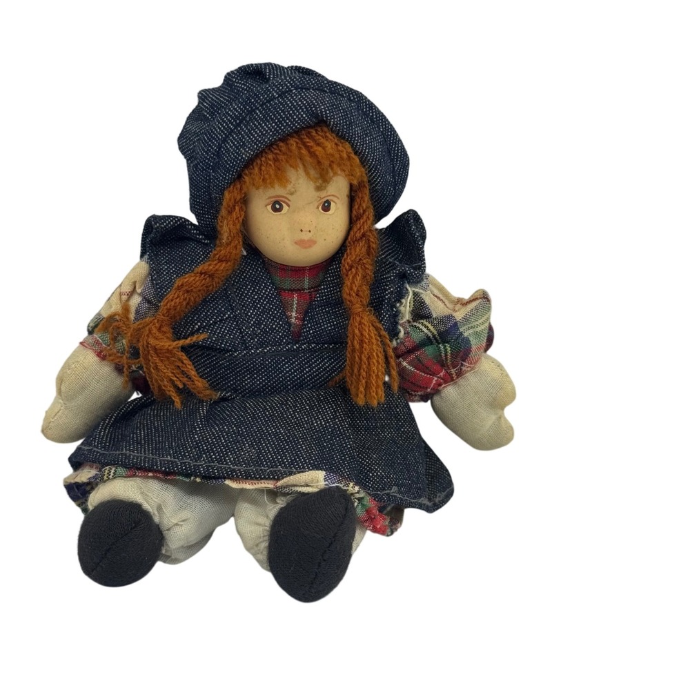 Vintage Rag Doll Red Yarn Hair Denim Jumper Plaid Shirt Porcelain Painted Face